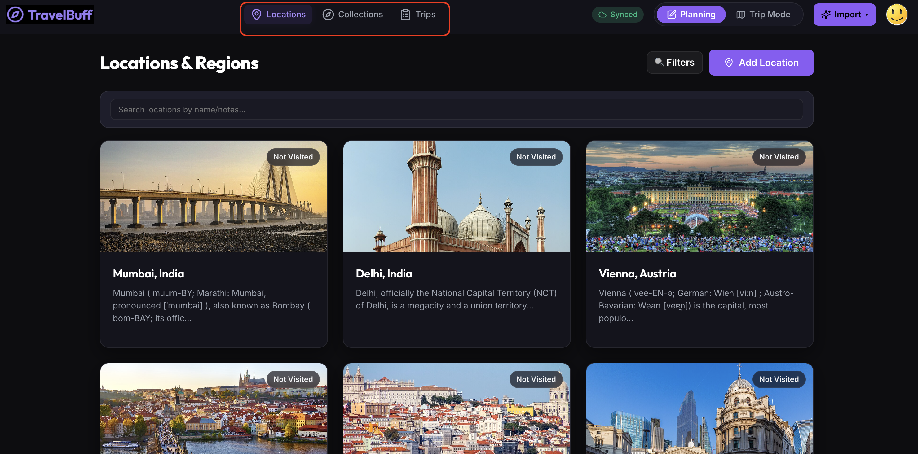 TravelBuff Main Dashboard Overview