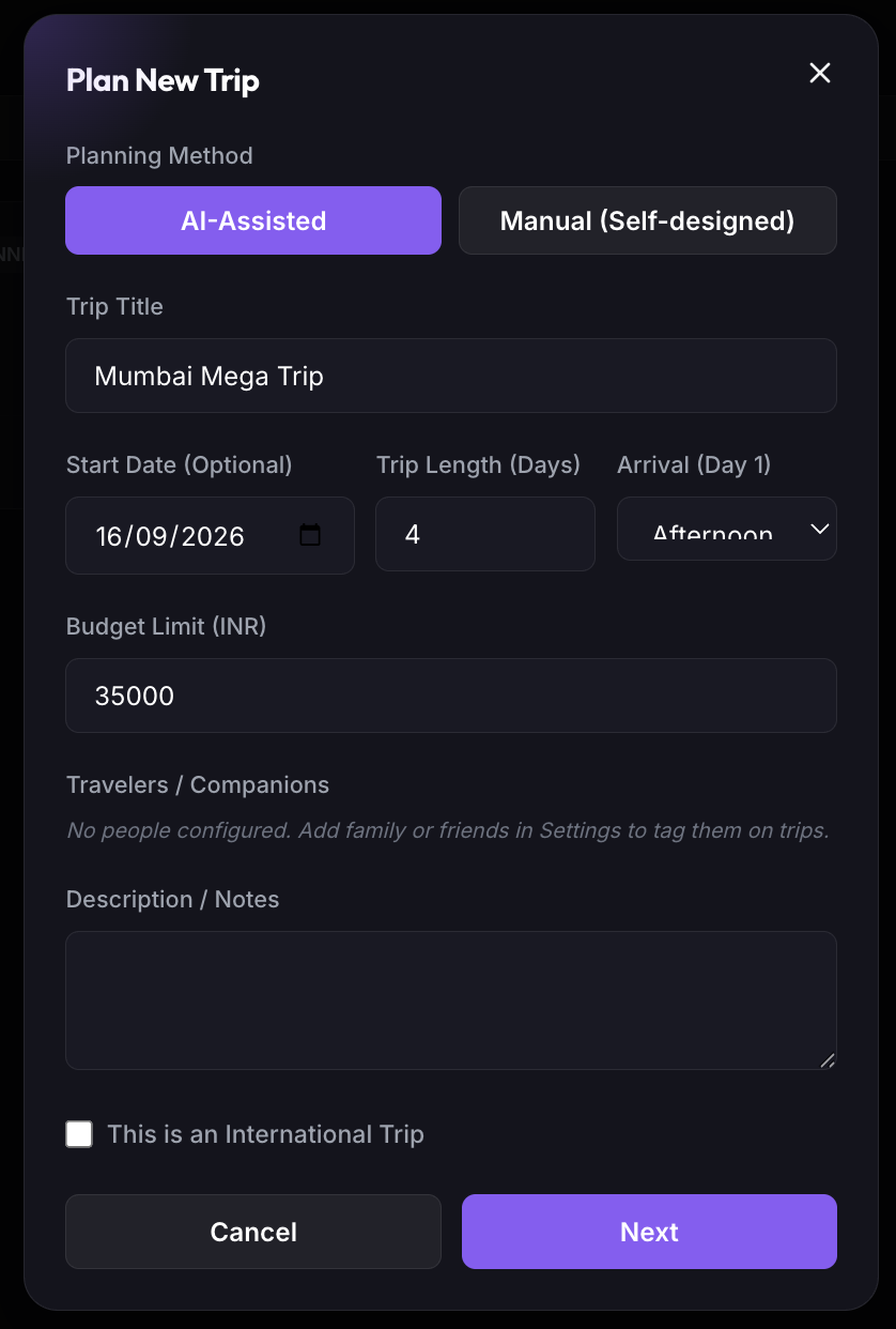 2-Step Trip Creation Wizard