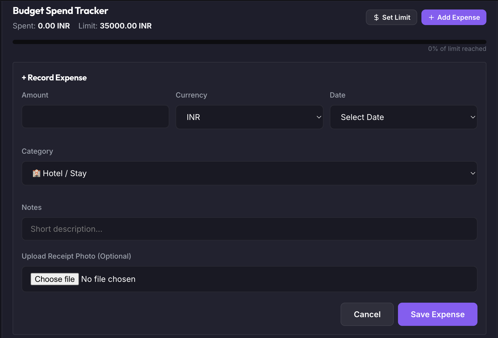 Log Expense Entry & Receipt Attachment Upload
