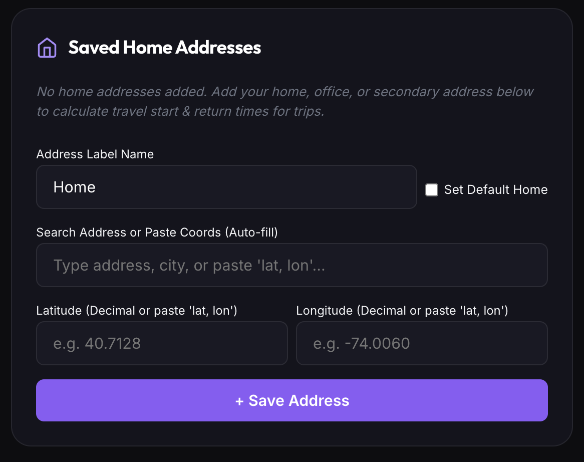 Saved Home Addresses Setup Table