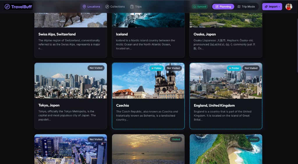 TravelBuff Dashboard showing destination cards